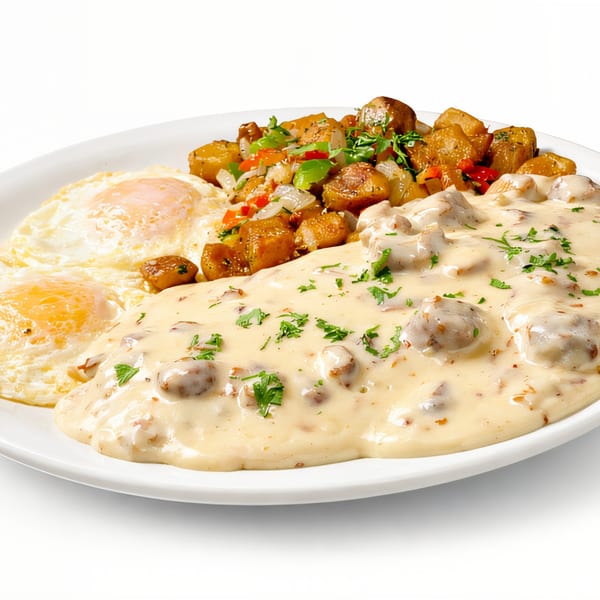 JP's Family Restaurant's breakfast plate with eggs, sausage gravy, and seasoned potatoes.