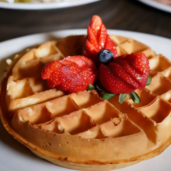 Golden waffle topped with sliced strawberries, a blueberry, and a mint leaf on a white plate.