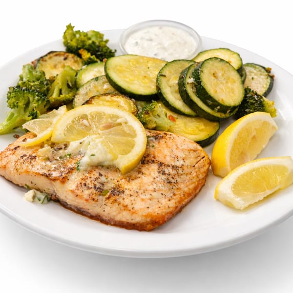 Grilled salmon with lemon slices, roasted zucchini, broccoli, and a side of creamy sauce.