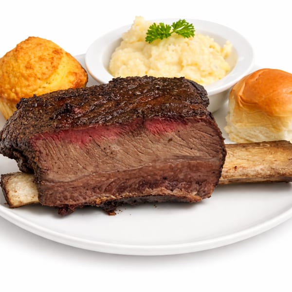 JP's Family Restaurant's short rib with mashed potatoes, a corn muffin, and a dinner roll.