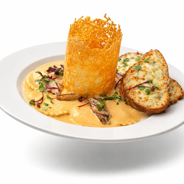Ravioli in a creamy sauce with mushrooms, microgreens, a parmesan crisp, and cheesy garlic bread.