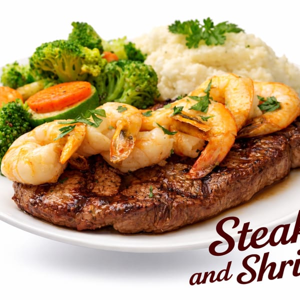 JP's Family Restaurant's steak and shrimp entree with mashed potatoes and mixed vegetables.